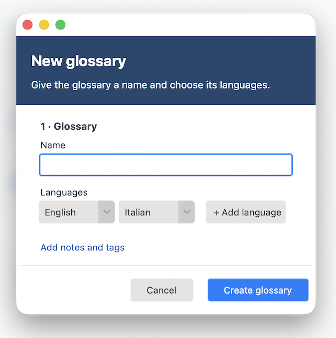 InterpretBank create new glossary dialog