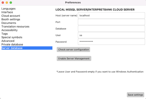 InterpretBank Enterprise server connection settings