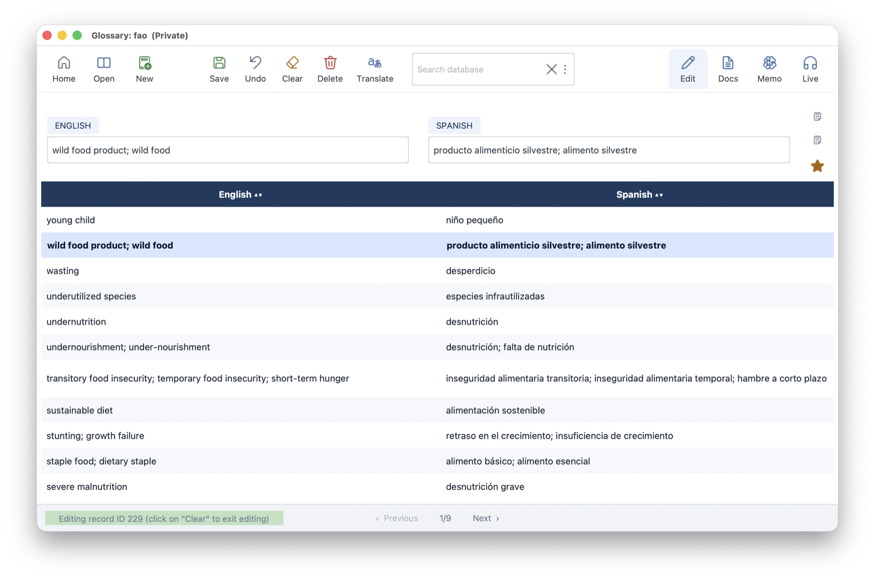 InterpretBank glossary edit fields and table