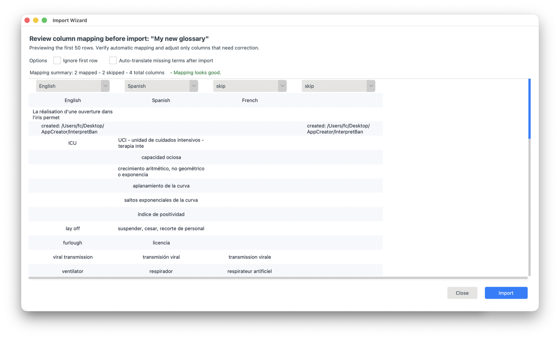 InterpretBank import Excel glossary preview