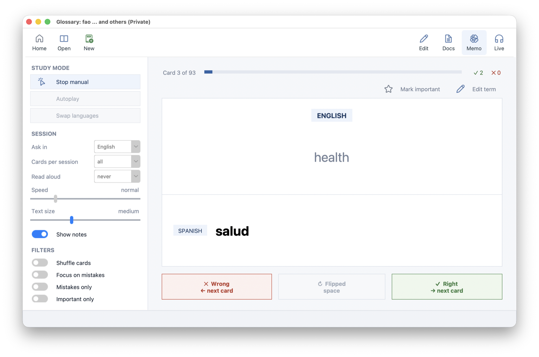 InterpretBank memorization flashcards view