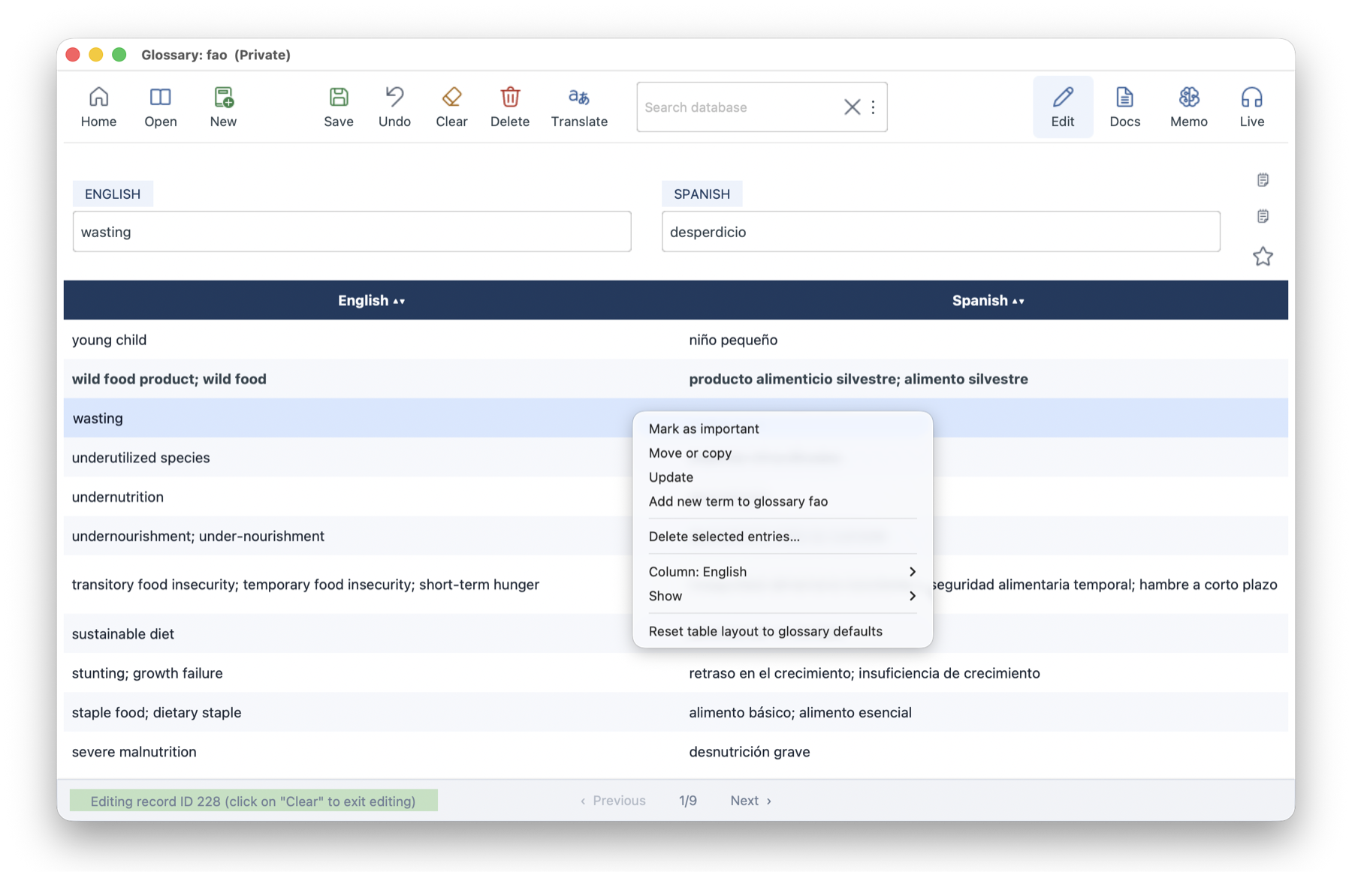 InterpretBank move glossary column menu