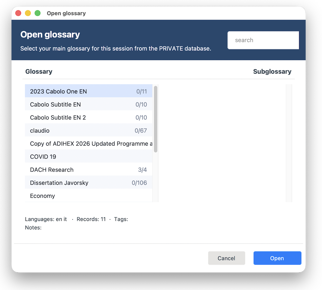 InterpretBank open glossary dialog